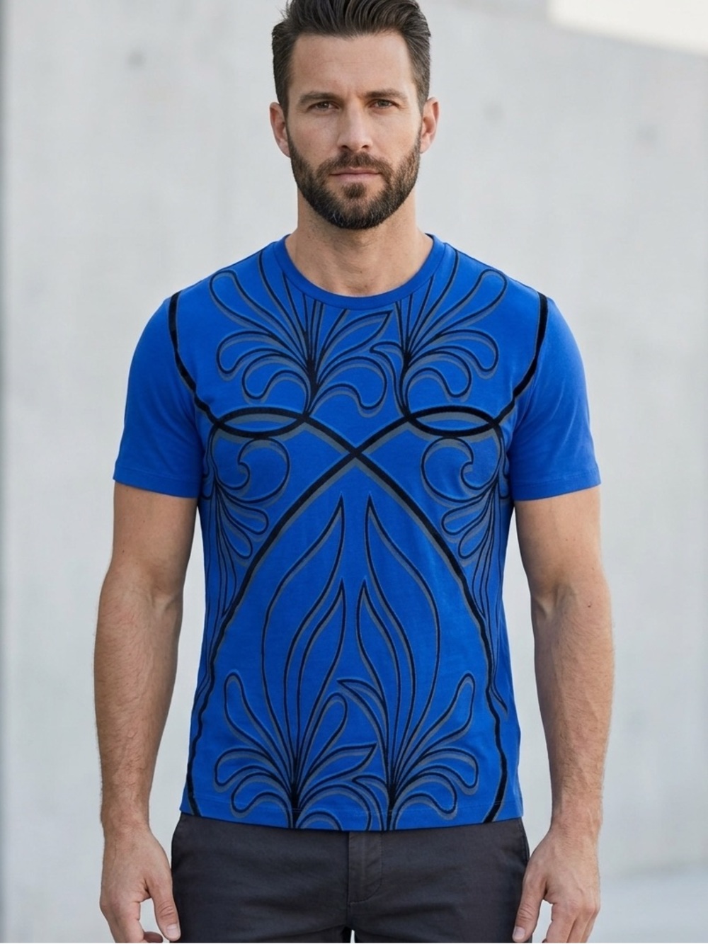 Versace Collection Blue Baroque Floral Leaf Print Crew Neck T Shirt Size L